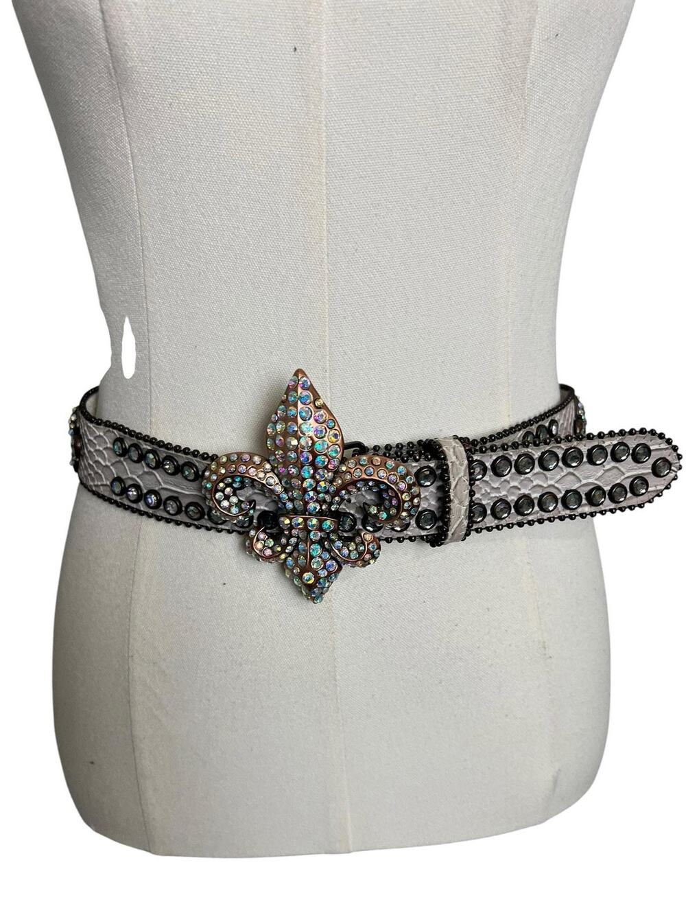 Nocona Leather Belt Womens Large White Western Fleur De Lis Rhinestone Studded - Picture 1 of 8